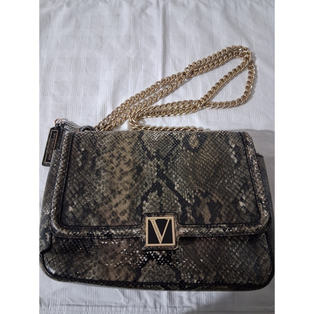 Victorias Secret Snakeskin Print Shoulder Bag Gold Chain Strap Grey Brown Flap